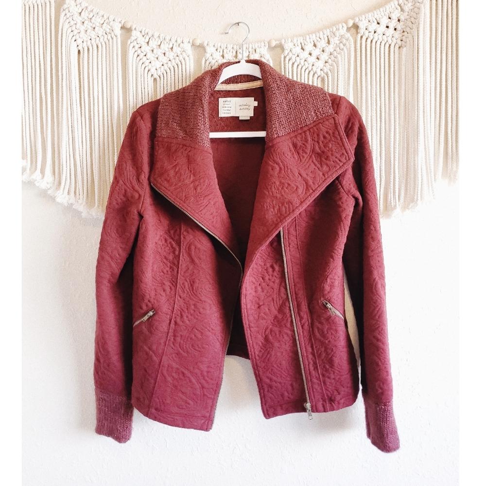 ANTHRO Red Knit Textured Zip Up Moto Jacket sz S